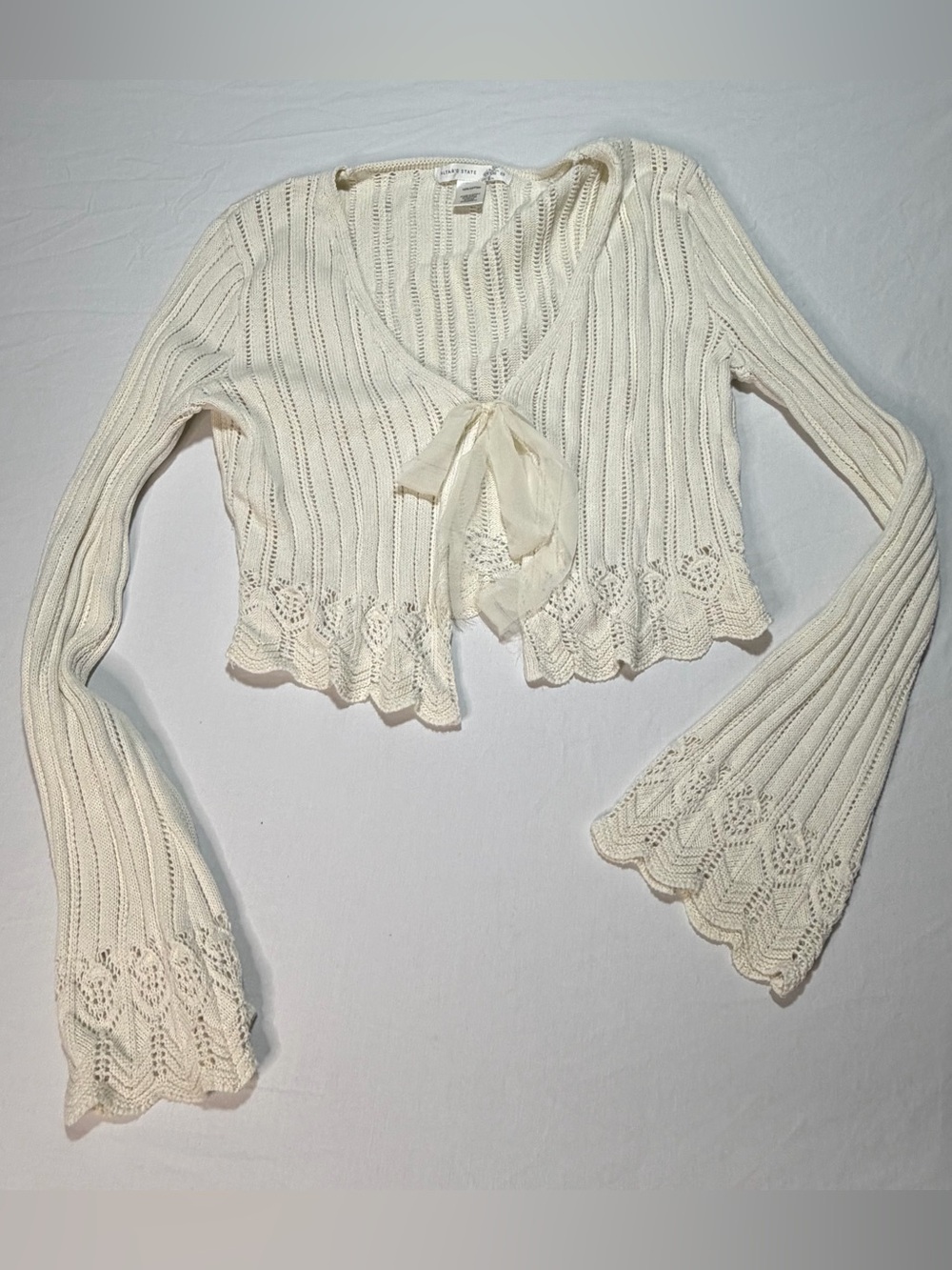Altar'd State Cream Crochet-Trim Tie Front Knit Top